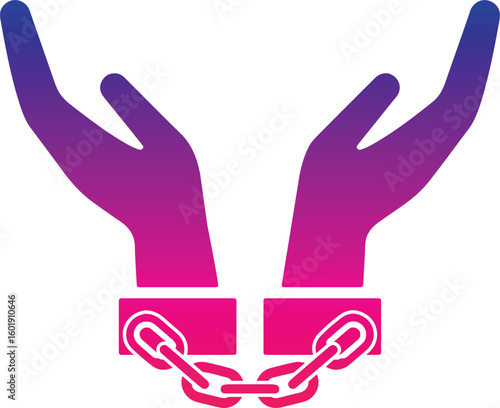 A pair of hands chained to a chain and a text words freedom. silhouette vector illustration.