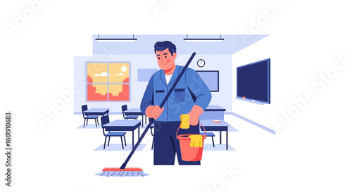 Male Janitor Cleaning Classroom with Mop and Bucket.