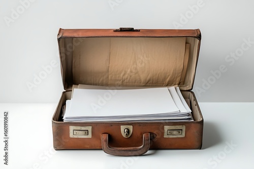 Vintage leather briefcase overflowing with documents and paperwork on a white background