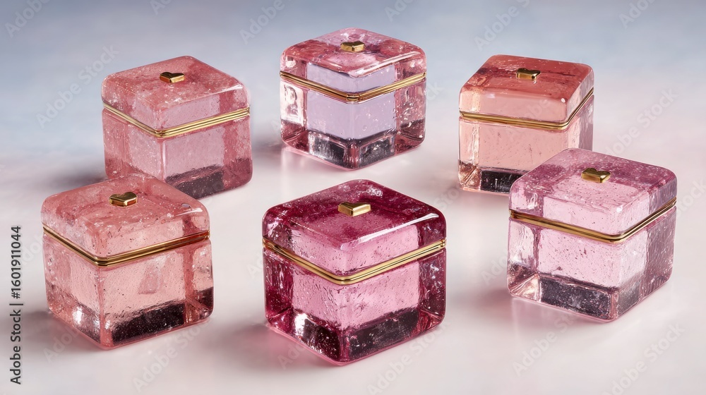 Obraz premium Five pink textured glass trinket boxes with gold trim and heart shaped latches
