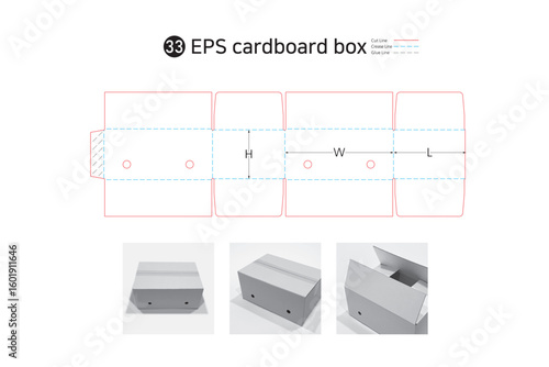 P2_33. This is the most common type of cardboard box with an open top and is used for fruit or agricultural packaging. Agricultural box open drawing. Box, box structure.