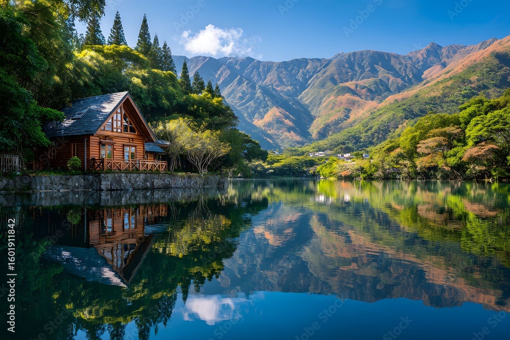 Fototapeta premium Peaceful Mountain Lake Retreat Cabin Tranquil Waters