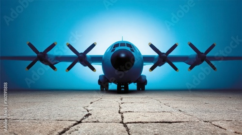 Wallpaper Mural Front view of a four engine turboprop aircraft parked on a cracked concrete surface against a blue gradient background Torontodigital.ca