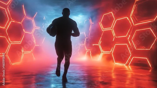 Rugby player running with neon tunnel.
