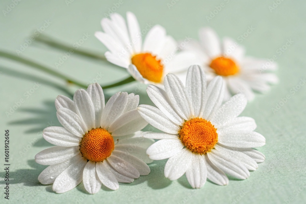 Fototapeta premium Closeup of four delicate white daisies with yellow centers on a soft green background
