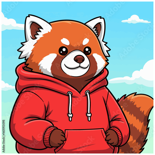 A cute lovely red panda wearing red hoodie cartoon illustration in comics style