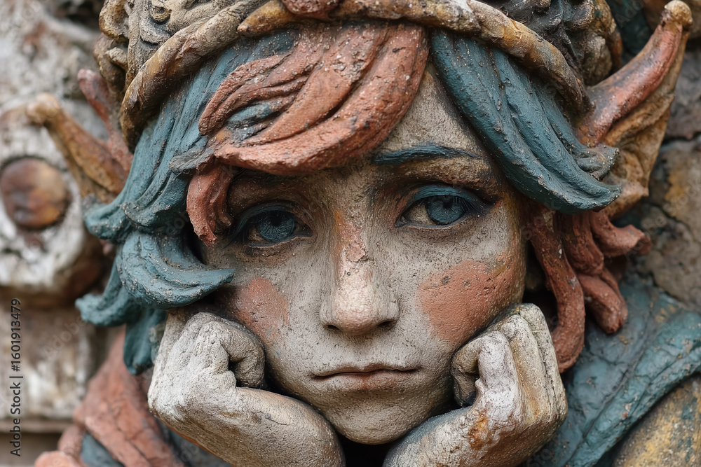 Fototapeta premium Close-up of detailed stone sculpture of young child with intricate features