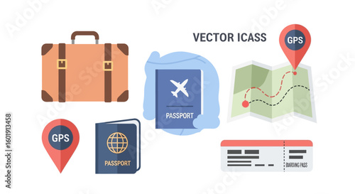 A vector icon set of travel essentials for a journey. Includes a suitcase, passport, map with GPS pins, and an airline boarding pass.