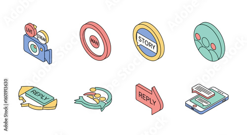Modern isometric vector icons for social media engagement, including live streaming, stories, replies, and user profiles.