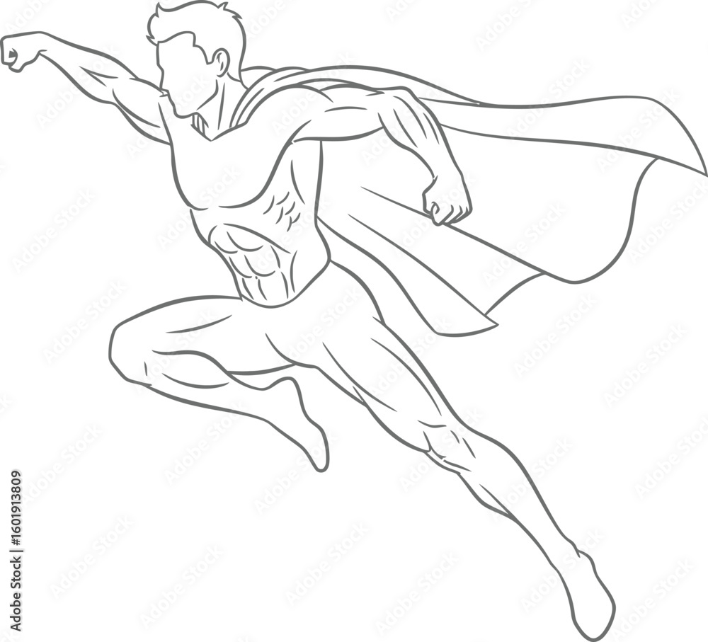 Fototapeta premium Vector art of superhero flying with a cape line drawing isolated on transparent background