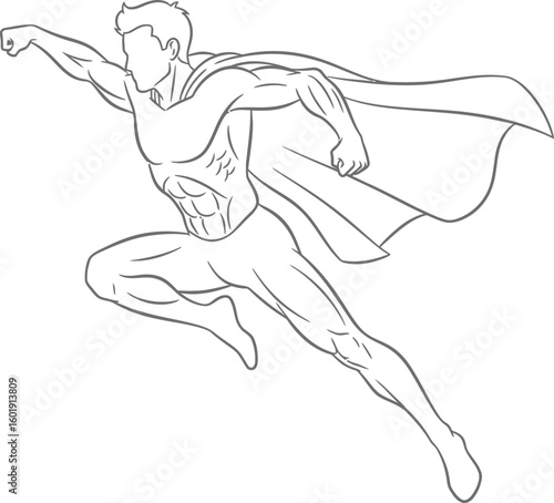 Vector art of superhero flying with a cape line drawing isolated on transparent background