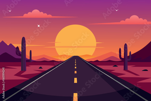 Desert Highway Sunset:  Open Road, Minimalist Vector Illustration, Journey Concept