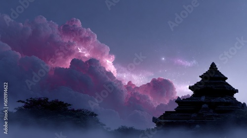 Wallpaper Mural Ancient temple silhouette against purple clouds and starry night sky architecture Torontodigital.ca