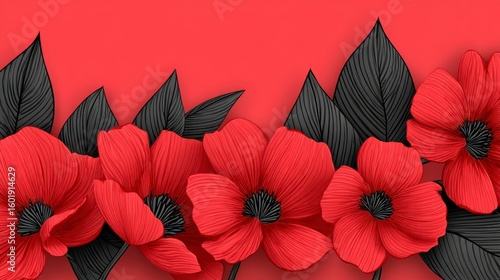 Vibrant red poppies with dark grey leaves arranged on a red background