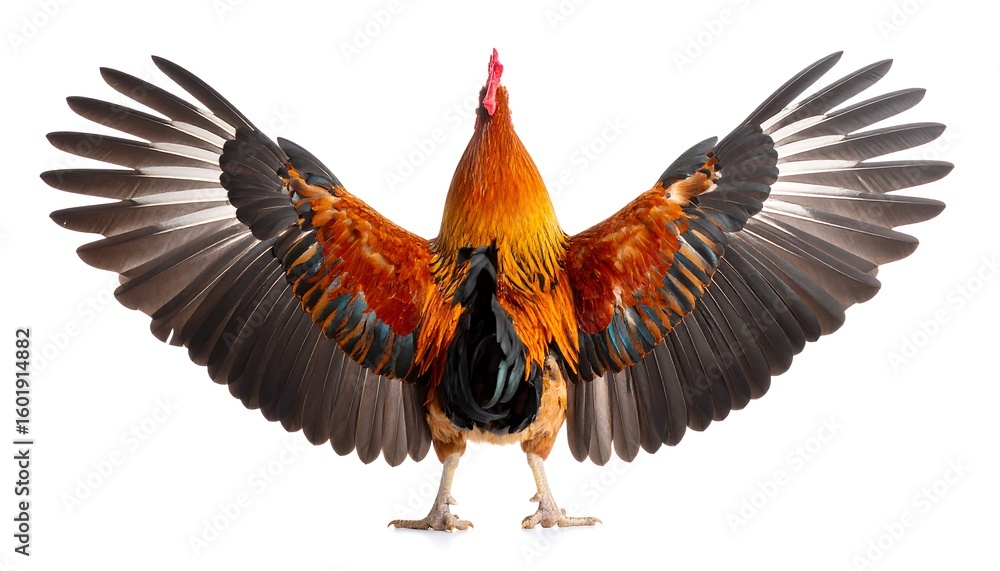 Fototapeta premium Rooster with outstretched wings against a white background
