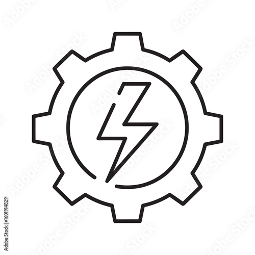 Power generation icon with a gear and lightning bolt for industrial energy concept Electrical engineering and machinery symbol for factory production