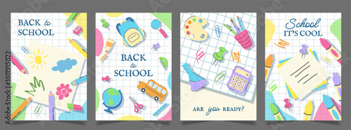 Back to School Vector Banner Poster Card with Trendy School Kids Supplies and Charcoal Drawing. Modern Flyer Cover Border Background with Cute Education Child Flat Elements, Place for Text pencil bus.