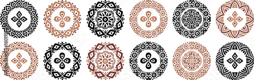 A set of African decorative circle ornament vector illustration. Hand drawn circular ethnic art for bohemian interior design. Tribal pattern for plate, rug or other round printing design. Ring art.