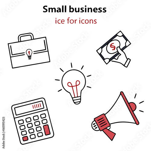 Illustration of a briefcase, money, light bulb, calculator, and megaphone for small business icons