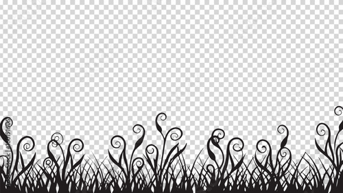 Vector  silhouette of grass and curly plants creating a border against a transparent background design element