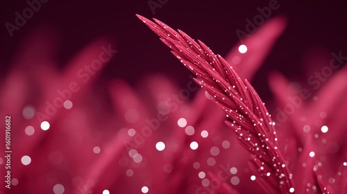 Close up of a pink grass plume with water droplets and soft bokeh lights