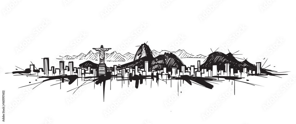 Fototapeta premium rio de janeiro brazil cityscape tall building engraving sketch vector illustration