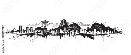 rio de janeiro brazil cityscape tall building engraving sketch vector illustration