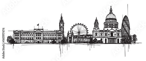 london france cityscape tall building engraving sketch vector illustration