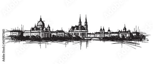 vienna austria cityscape tall building engraving sketch vector illustration