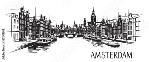amsterdam Netherlands cityscape tall building engraving sketch vector illustration