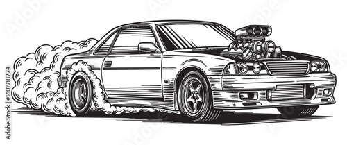 burnout wheel drifting car engraving vector illustration