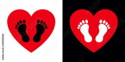 two red heart shapes, each containing a pair of baby footprints. 