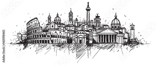 rome italy cityscape tall building engraving sketch vector illustration