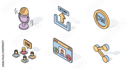 A set of isometric icons representing social media engagement, including video calls, podcasting, and content sharing.