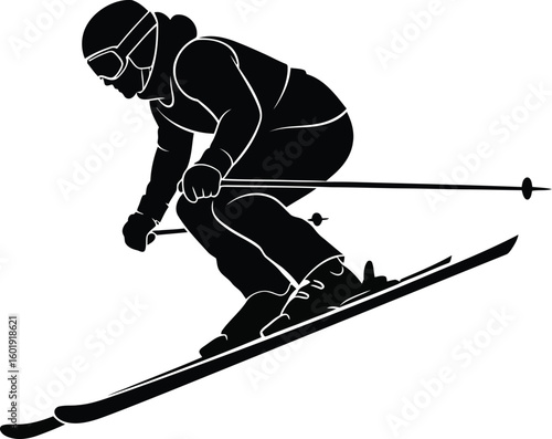 Vector art of silhouette of a skier descending a snowy slope isolated on transparent background