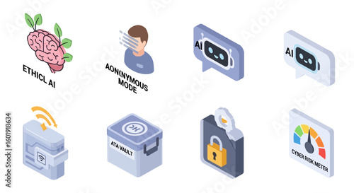 Isometric icon set illustrating concepts of ethical artificial intelligence, cybersecurity, privacy, and anonymous technology.