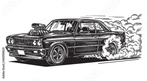 burnout wheel drifting car engraving vector illustration