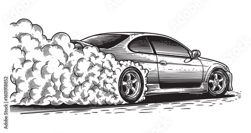 burnout wheel drifting car engraving vector illustration