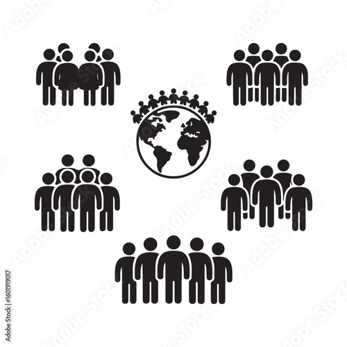 Vector art of a collection of black human icons arranged around a stylized globe representing global community and teamwork isolated on a white background
