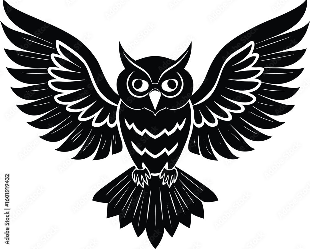 Obraz premium Flying Owl Silhouette Front View Icon.
