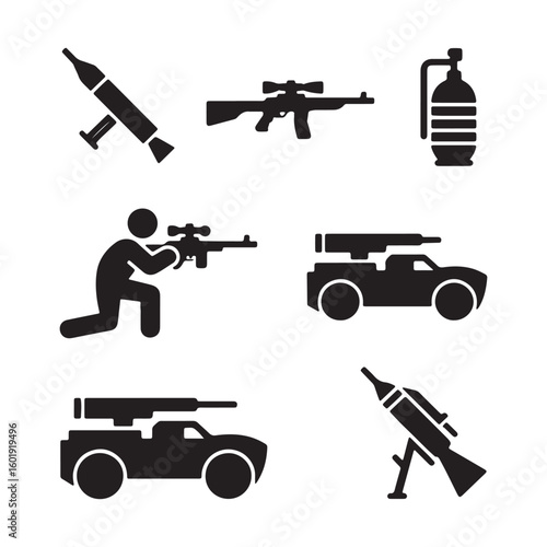 Vector art of collection of military weapon icons including a sniper rifle rocket launcher armored vehicle and soldier isolated on white background