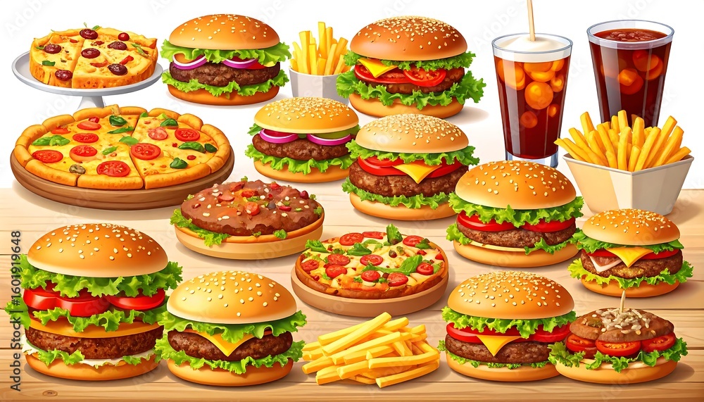 Naklejka premium Variety of fast food items displayed on a table