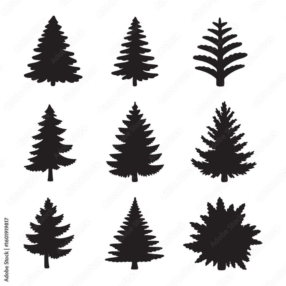 Obraz premium Vector art of collection of nine different evergreen tree silhouettes isolated on white background
