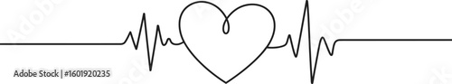 Continuous line drawing of a heart and electrocardiogram isolated on white background
