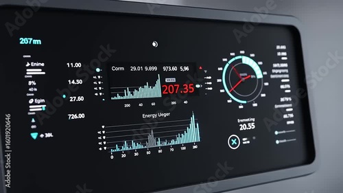 Dashboard display showing energy usage statistics and metrics with graphs and gauges in a modern setting