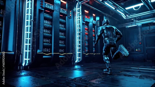 A cyborg sprints through a neonlit futuristic corridor