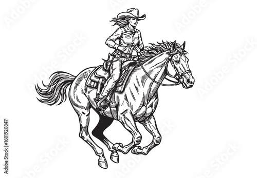 Dynamic vector illustration of a cowgirl confidently riding a horse at a gallop, in a classic Western style.