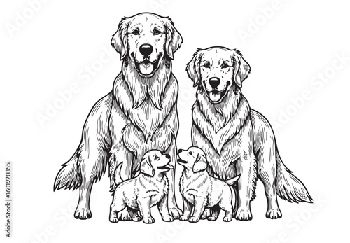 Heartwarming vector illustration of a Golden Retriever family, showcasing adults and their playful, happy puppies. Dogs, Pet.