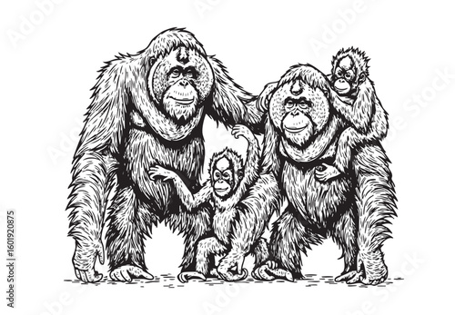 Detailed vector illustration of an orangutan family, capturing the bond between adults and their young in a natural setting. Wildlife Animals.