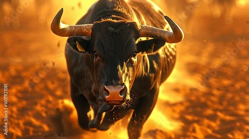 A powerful black bull charges directly at the camera in a dusty country rodeo arena at sunset. Dynamic action, flying dirt, and dramatic lighting capture the raw energy of the moment.